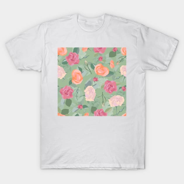 Blended Floral Roses in Orange Fuchsia and Green T-Shirt by White-Peony